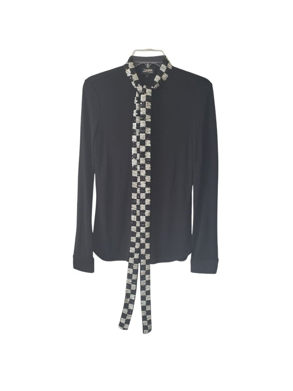 Jean Paul Gaultier Black White Checker Sequin Tie Neck Long Sleeve Top Blouse